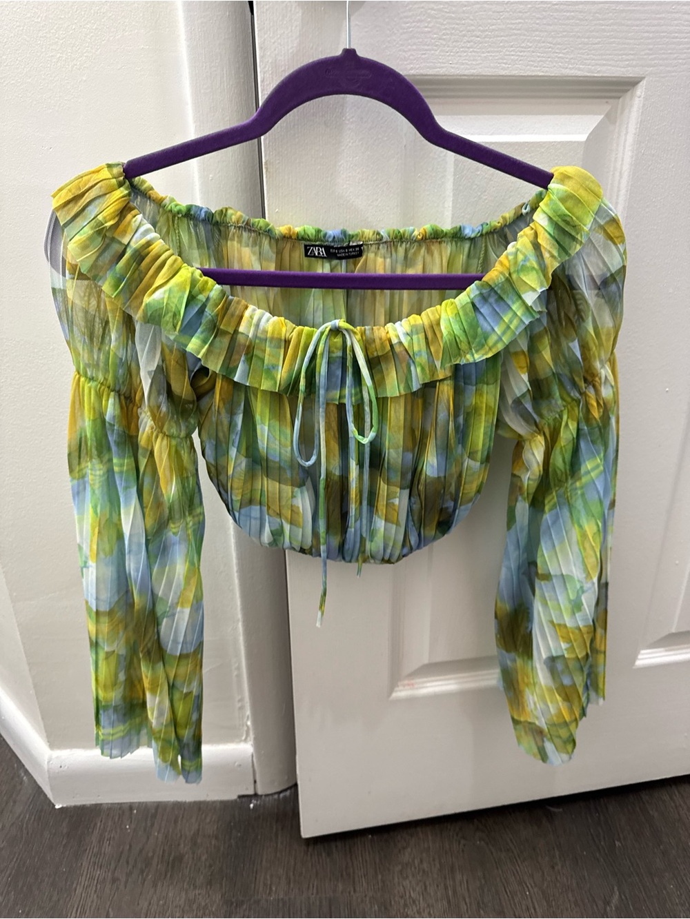 Zara Yellow and Green Off-Shoulder Sheer Ruffle Crop Top